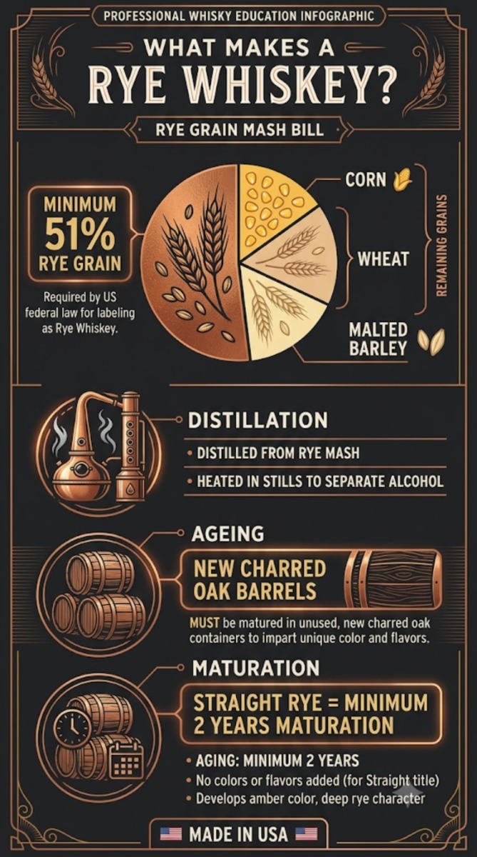 Infographic explaining the legal requirements for American rye whiskey including mash bill composition and maturation rules.