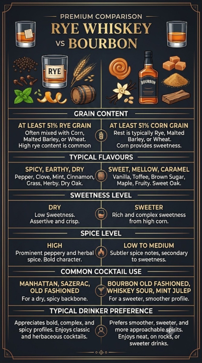 Side-by-side comparison showing the flavour, grain and cocktail differences between rye whiskey and bourbon.