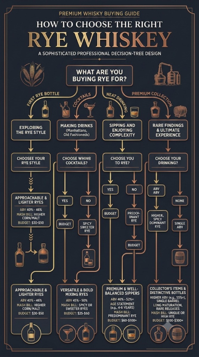 Decision tree helping buyers select the most suitable rye whiskey based on experience, budget and intended use.