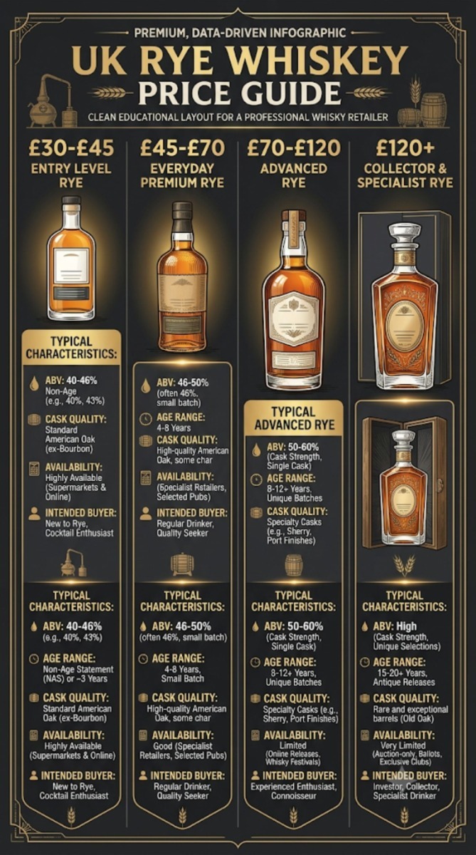 UK rye whiskey pricing guide showing what buyers can expect at different budget levels from entry-level to collector bottles.