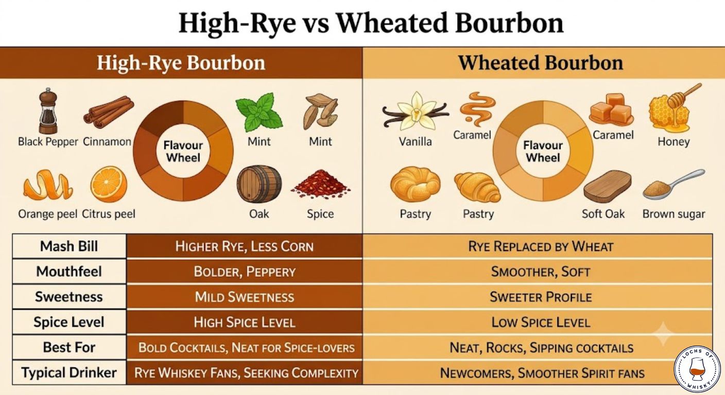 Comparison infographic showing the flavour differences between high-rye and wheated bourbon, including sweetness, spice, mouthfeel and ideal drinking preferences.