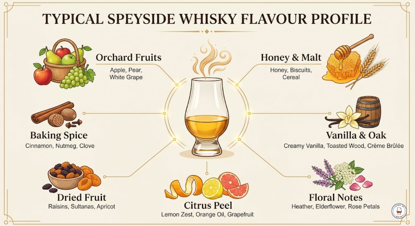 Infographic showing the typical Speyside whisky flavour profile including orchard fruit, honey, vanilla, floral notes and dried fruit characteristics.