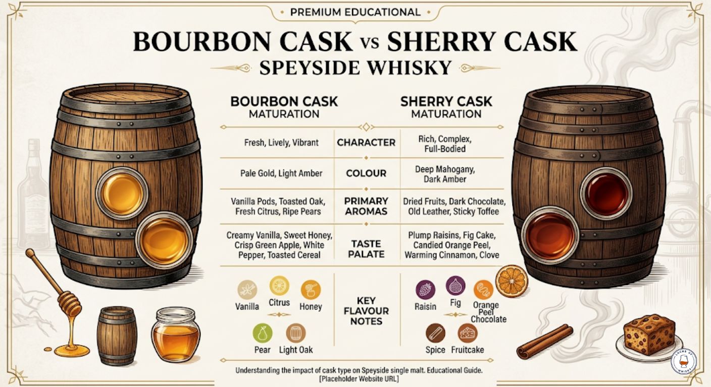Comparison infographic showing the flavour differences between bourbon cask and sherry cask matured Speyside whisky.