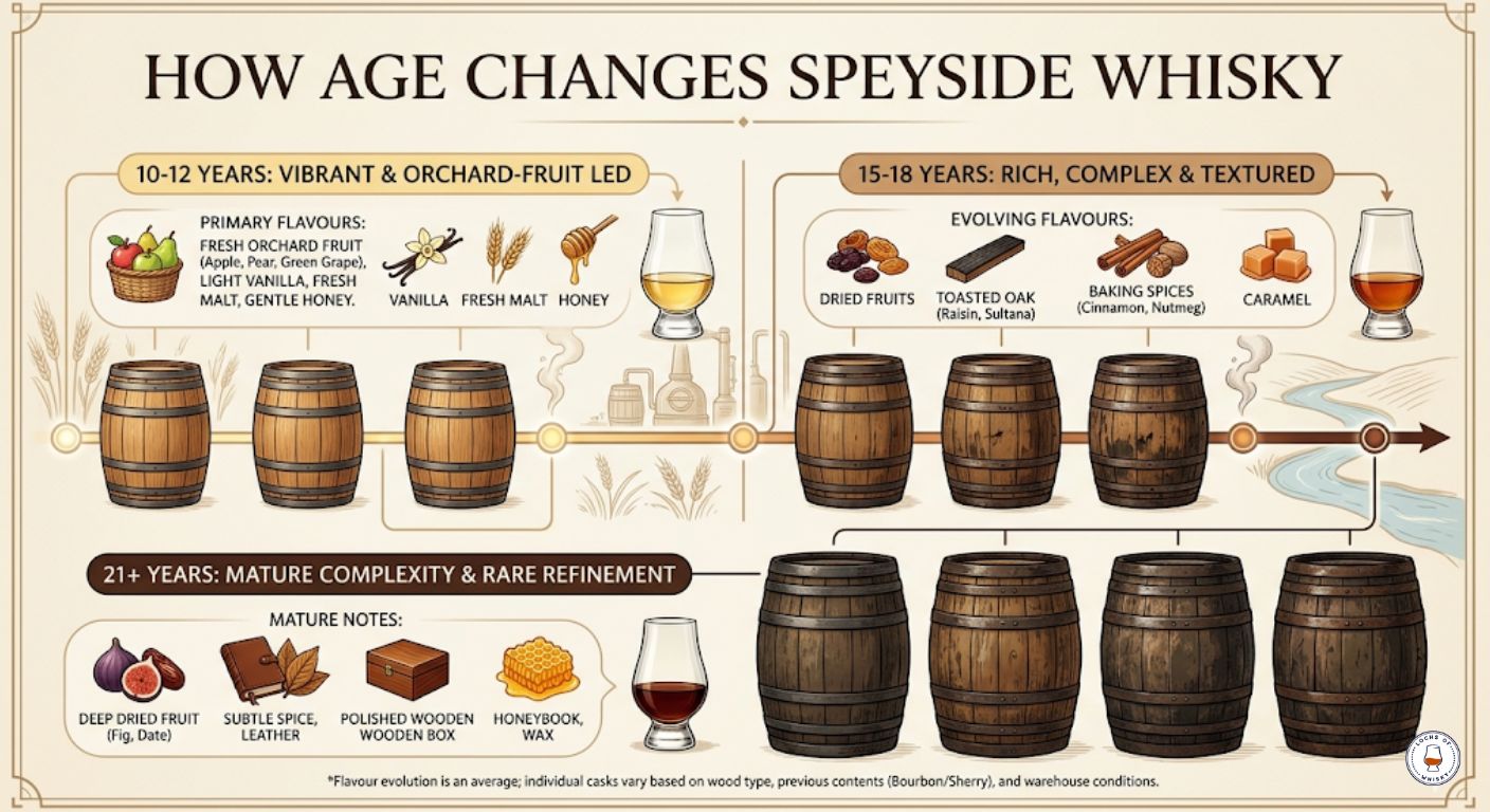 Timeline infographic showing how Speyside whisky flavour develops from 10 years to over 21 years maturation.