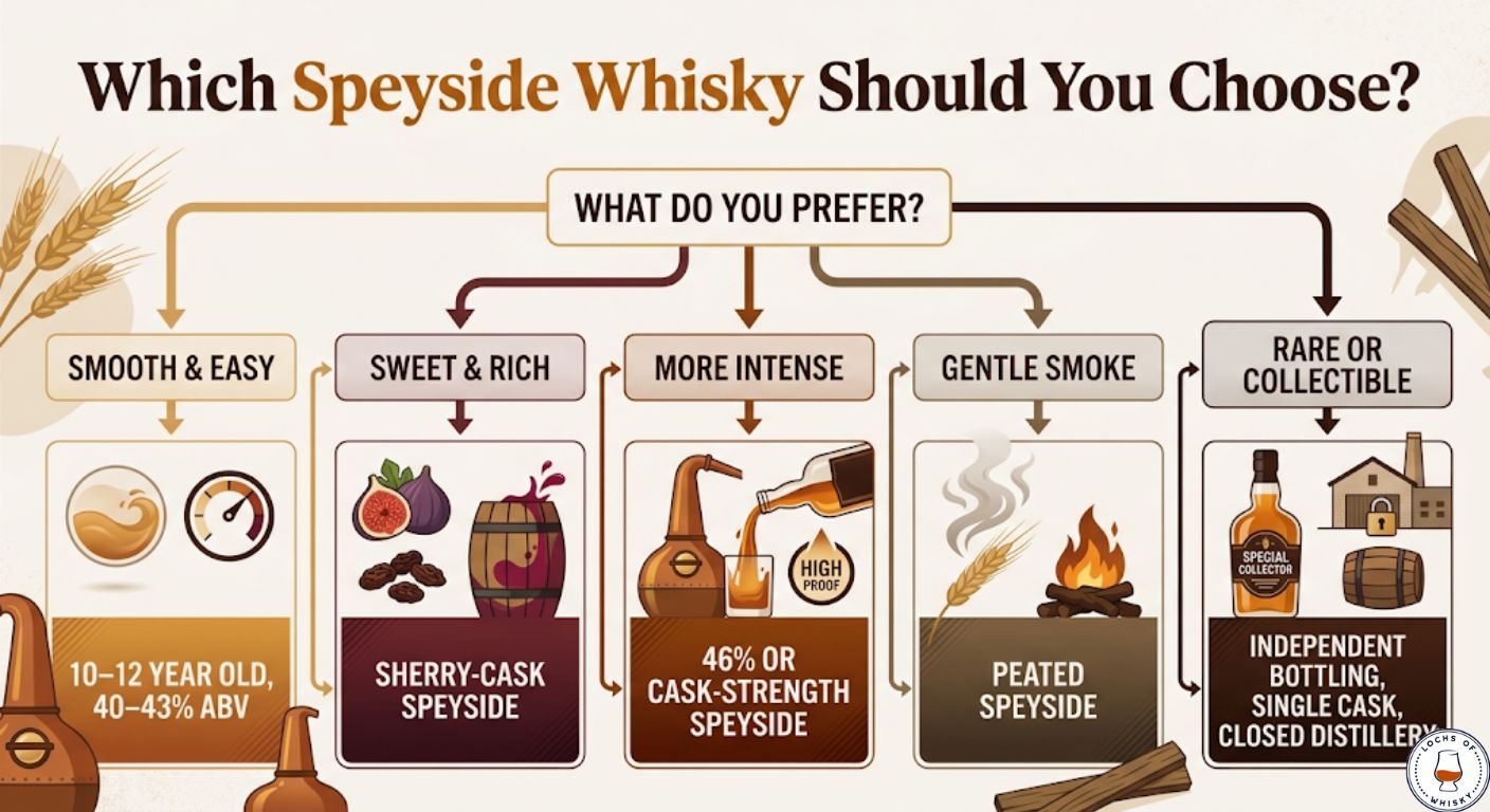 Speyside whisky buying decision tree showing how to choose between smooth, sweet, intense, smoky and collectible Speyside whisky styles based on flavour preference.