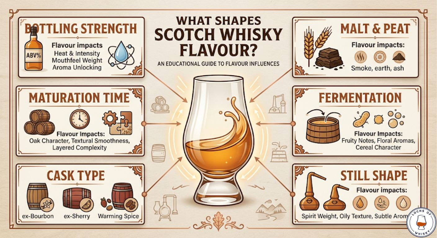 Diagram showing the six main factors that influence the flavour of Scotch whisky.