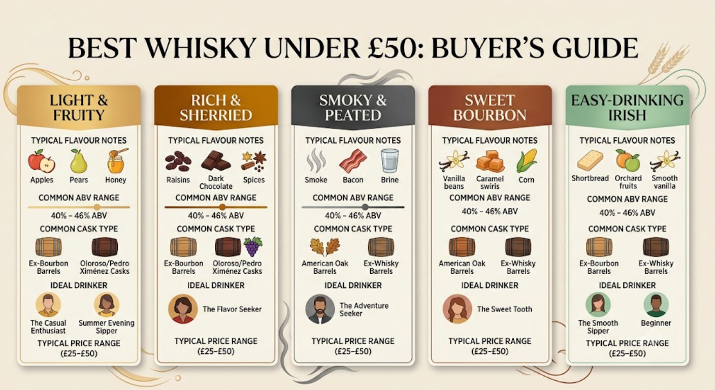 Infographic comparing the main whisky styles available under £50, including flavour profiles, ABV ranges, cask types and ideal drinkers.