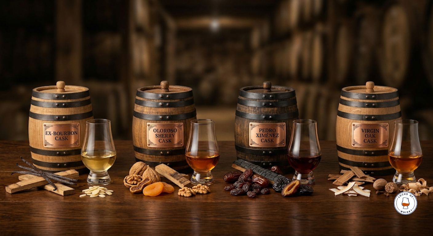 Comparison of the four main cask types used in whisky maturation and the flavours they typically contribute.