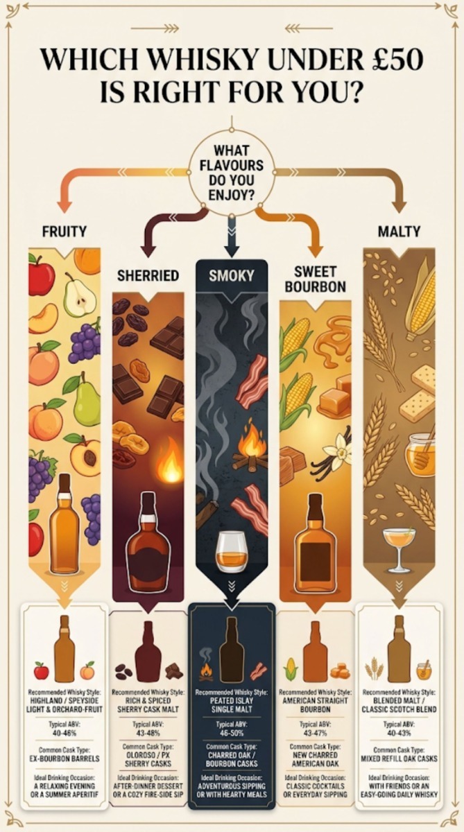 Decision tree helping readers choose the best whisky under £50 based on flavour preference, alcohol strength and whisky style.