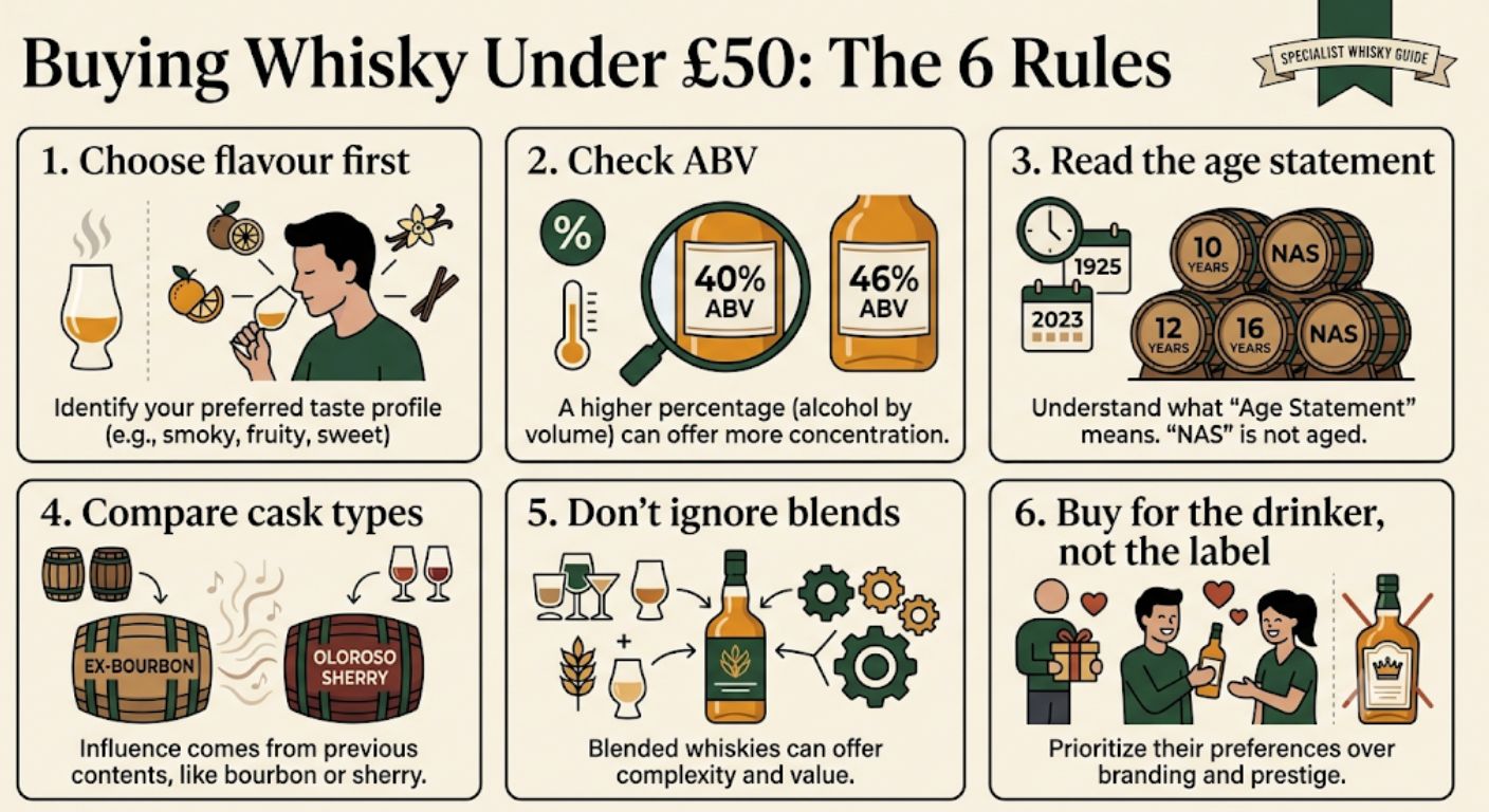 Summary infographic highlighting the six most important rules for choosing the best whisky under £50.