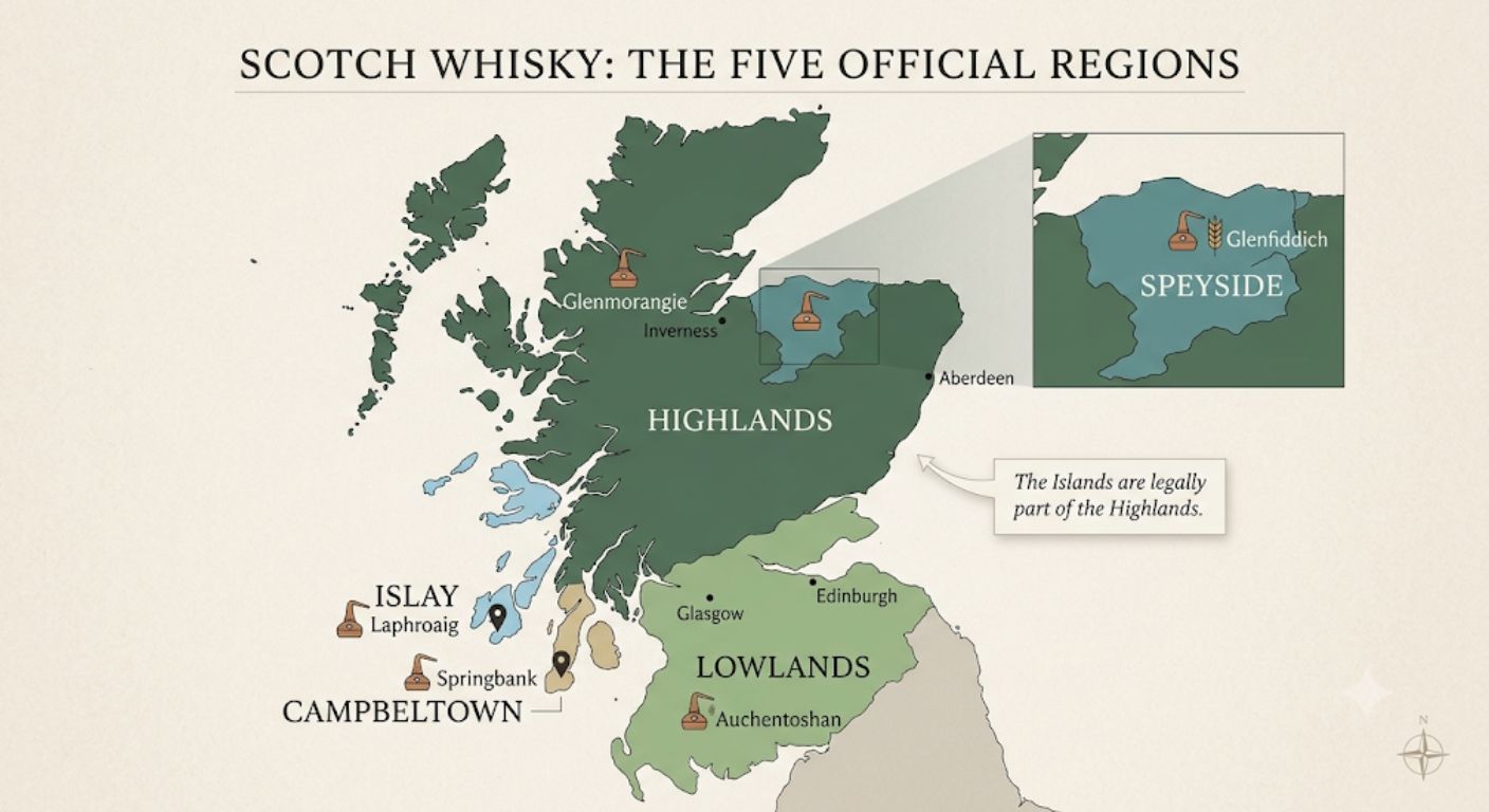 Map of Scotland showing the five official Scotch whisky regions with key distilleries and a note explaining that the Islands are part of the Highland region.