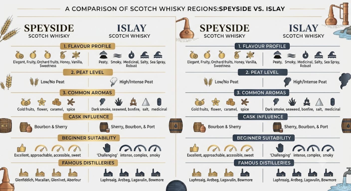 Comparison infographic showing the key differences between Speyside and Islay whisky, including flavour profile, peat level, cask influence and suitability for beginners.