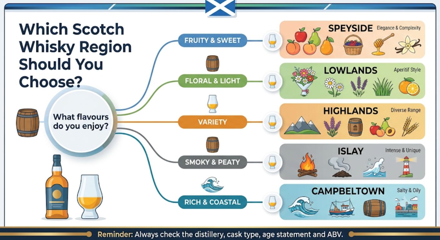 Decision tree helping readers choose the most suitable Scotch whisky region based on flavour preferences, peat level and drinking experience.