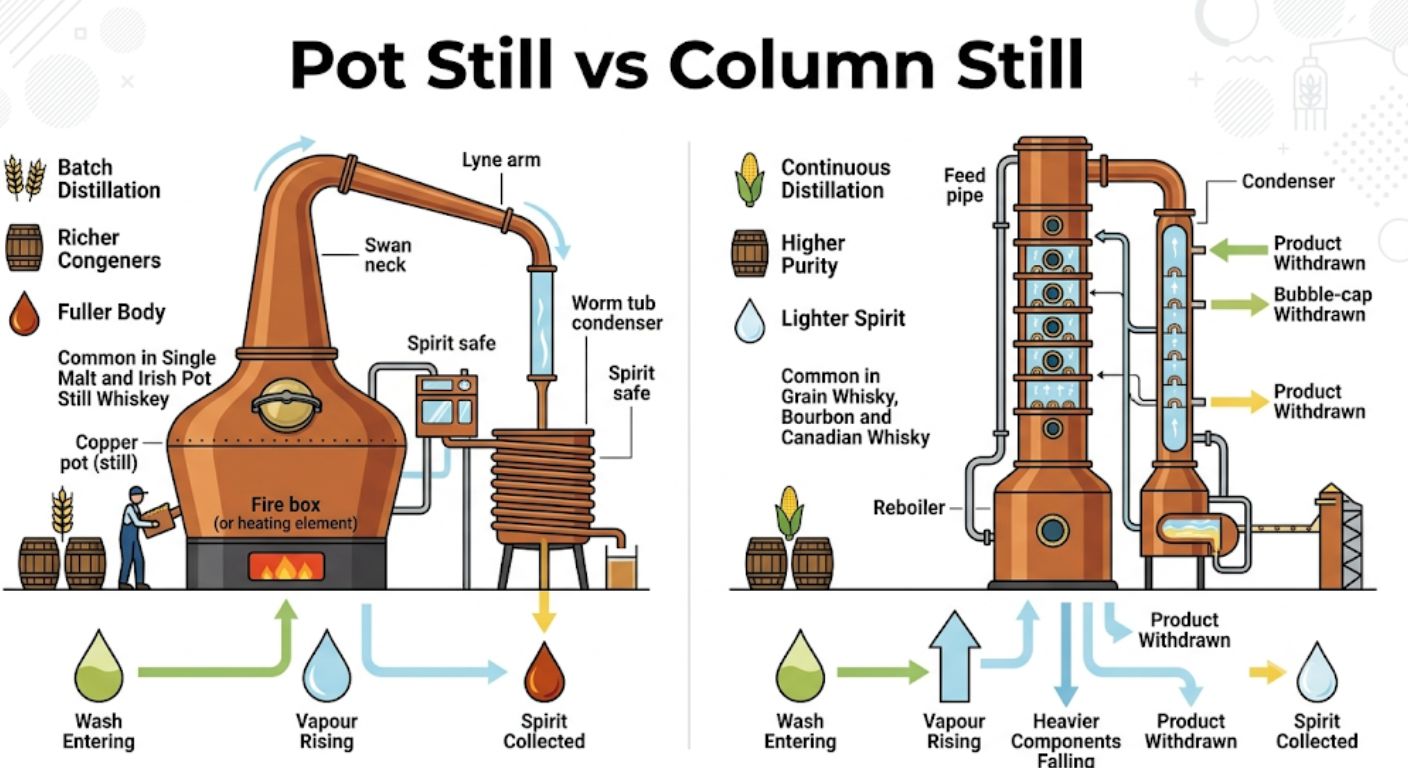 Diagram comparing copper pot stills and column stills, explaining how each distillation method influences whisky production and flavour.
