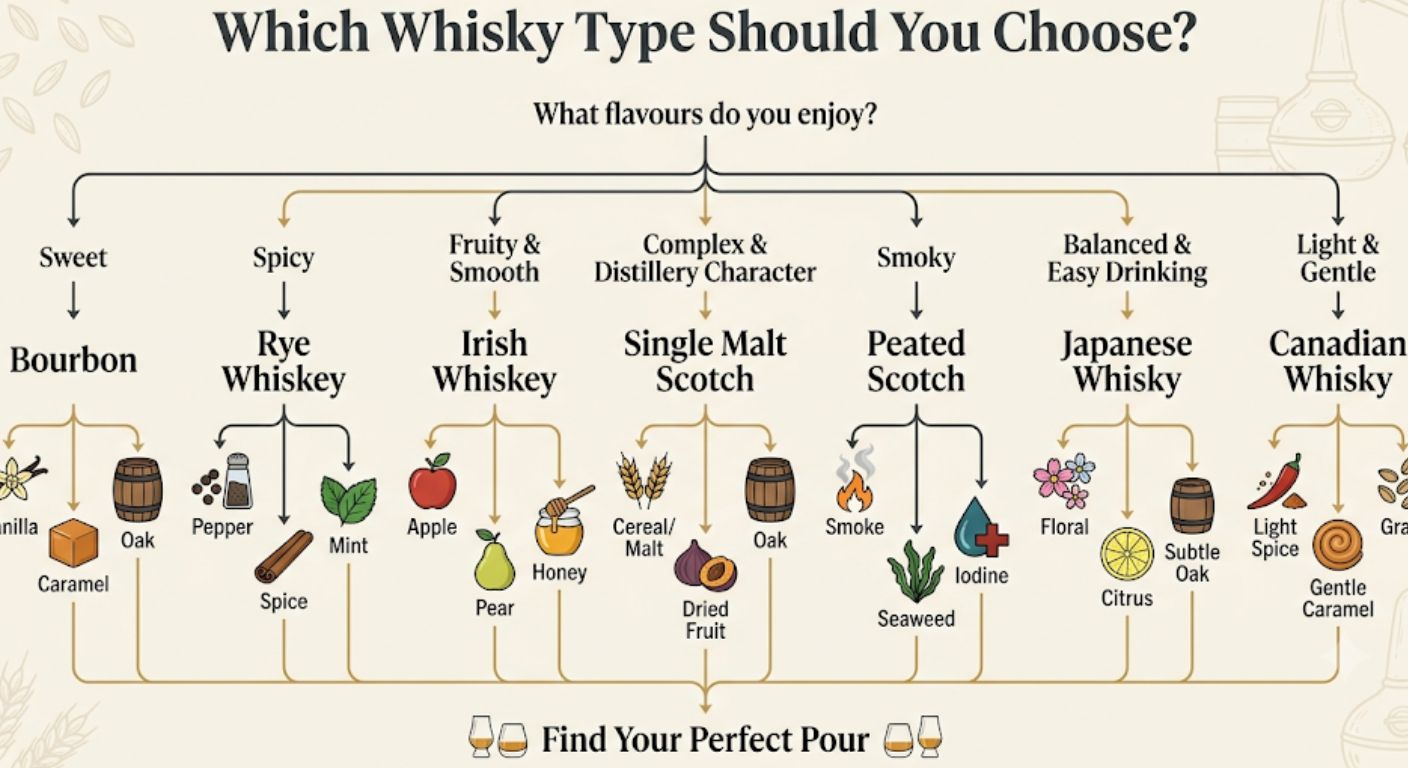 Flowchart helping beginners choose a whisky style based on preferred flavours such as sweet, smoky, spicy, fruity or light.